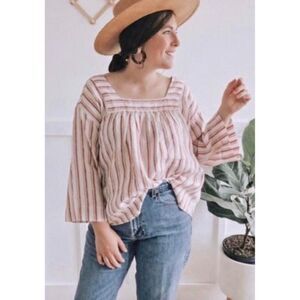 RACHEL ZOE 100% Linen Pink/White Striped Square Neck 3/4 Sleeve Top, Sz L
